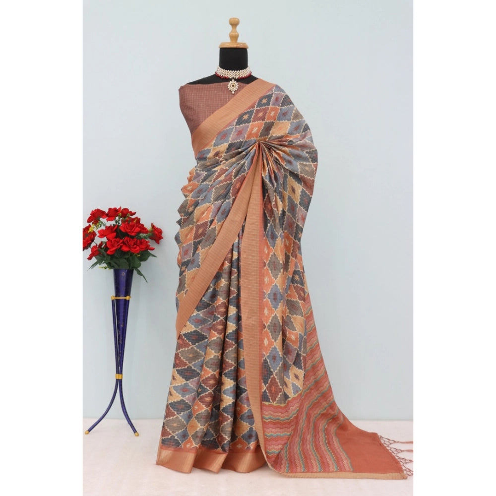 Generic Women's Mysore Silk Digital Print Saree With Unstitched Blouse 5.5Mtr (Brown)