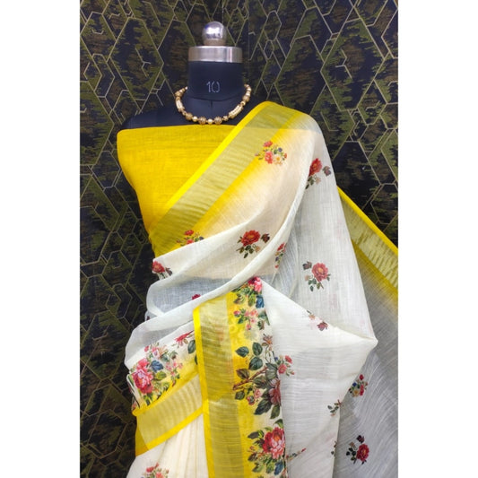 Generic Women's Cotton Linen Woven Design Saree With Unstitched Blouse 5.5Mtr (Yellow)