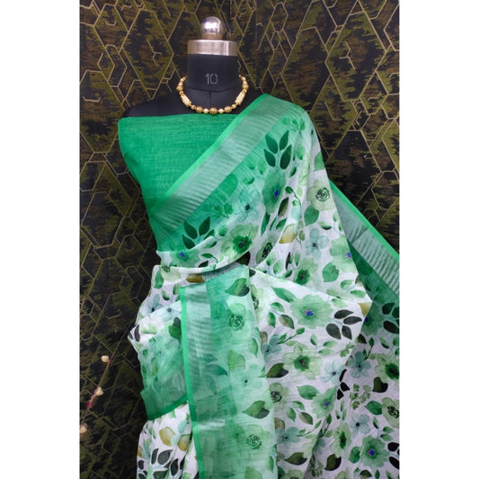 Generic Women's Cotton Linen Woven Design Saree With Unstitched Blouse 5.5Mtr (Green)