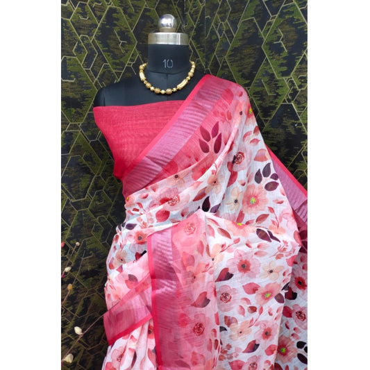 Generic Women's Cotton Linen Woven Design Saree With Unstitched Blouse 5.5Mtr (Red)