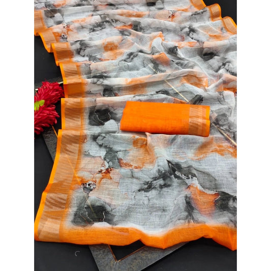 Generic Women's Cotton Linen Woven Design Saree With Unstitched Blouse 5.5Mtr (Orange)