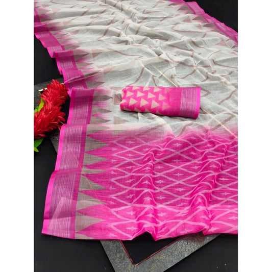 Generic Women's Cotton Linen Woven Design Saree With Unstitched Blouse 5.5Mtr (Pink)