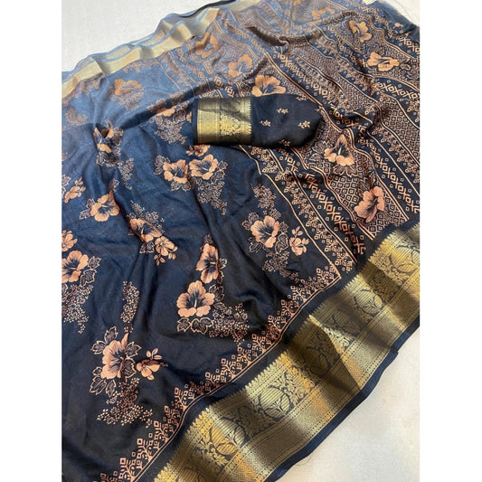 Generic Women's Jacquard Printed Saree With Unstitched Blouse 5.5Mtr (Grey)