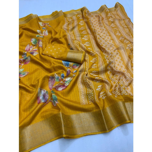 Generic Women's Dola Silk Printed Saree With Unstitched Blouse 5.5Mtr (Yellow)