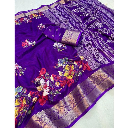 Generic Women's Jacquard Printed Saree With Unstitched Blouse 5.5Mtr (Purple)