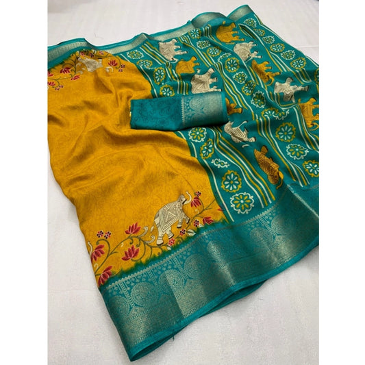 Generic Women's Dola Silk Printed Saree With Unstitched Blouse 5.5Mtr (Mustard)