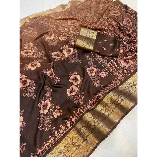 Generic Women's Jacquard Printed Saree With Unstitched Blouse 5.5Mtr (Brown)