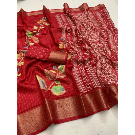 Generic Women's Dola Silk Printed Saree With Unstitched Blouse 5.5Mtr (Red)