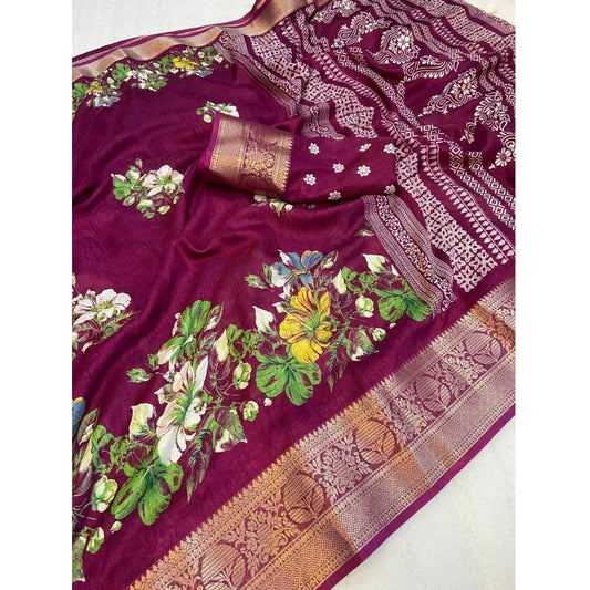 Generic Women's Jacquard Printed Saree With Unstitched Blouse 5.5Mtr (Wine)