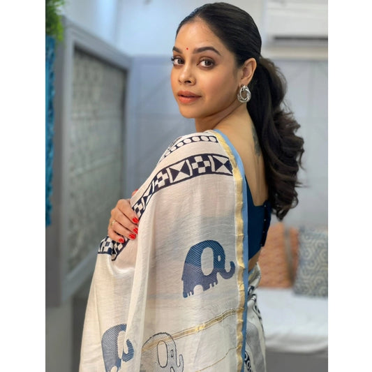 Generic Women's Pure Chanderi Printed Saree With Unstitched Blouse 5.5Mtr (White)