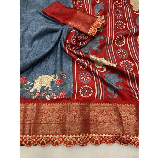 Generic Women's Dola Silk Printed Saree With Unstitched Blouse 5.5Mtr (Grey)