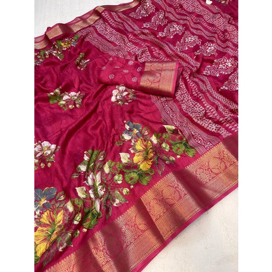 Generic Women's Jacquard Printed Saree With Unstitched Blouse 5.5Mtr (Pink)