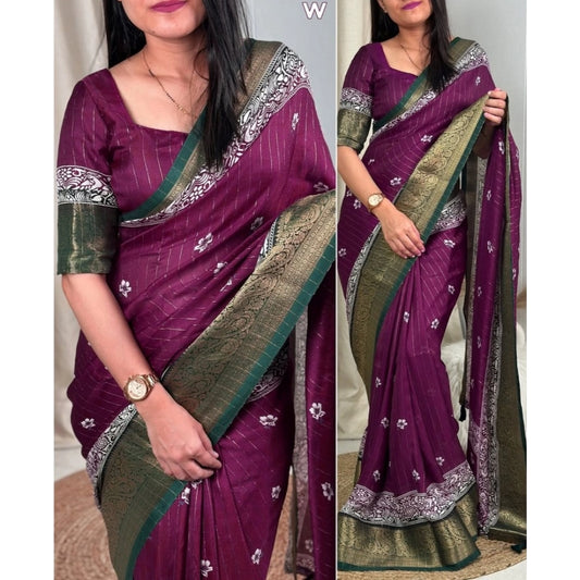 Generic Women's Cotton Silk Printed Saree With Unstitched Blouse 5.5Mtr (Wine)