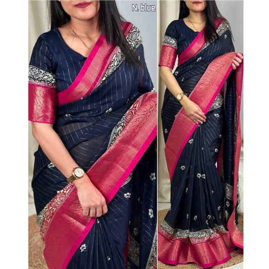 Generic Women's Cotton Silk Printed Saree With Unstitched Blouse 5.5Mtr (Navy Blue)