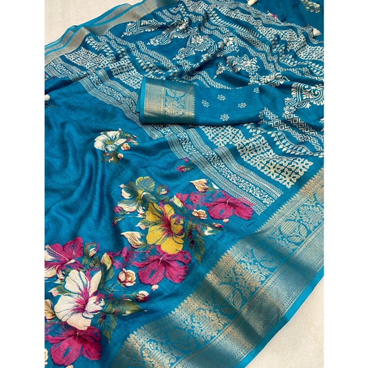 Generic Women's Jacquard Printed Saree With Unstitched Blouse 5.5Mtr (Sky Blue)