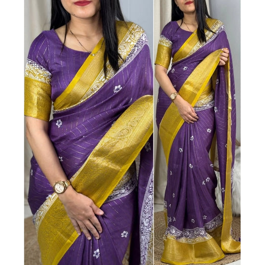 Generic Women's Cotton Silk Printed Saree With Unstitched Blouse 5.5Mtr (Purple)