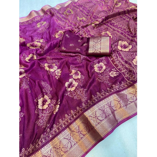 Generic Women's Jacquard Printed Saree With Unstitched Blouse 5.5Mtr (Wine)