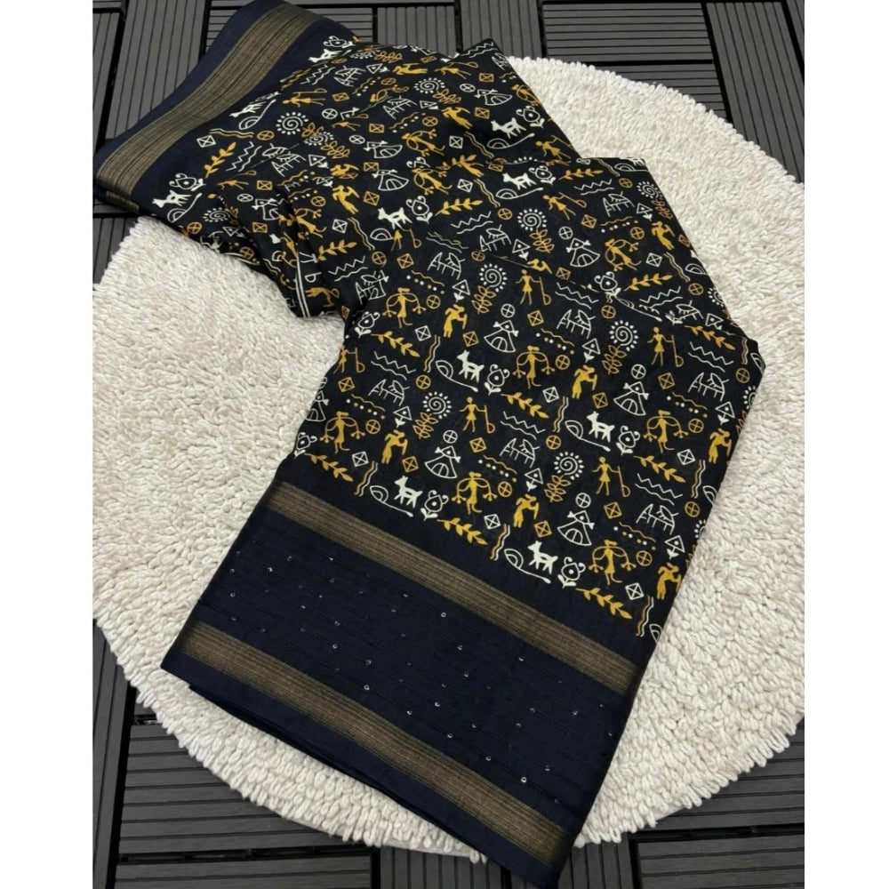 Generic Women's Dola Silk Printed Saree With Unstitched Blouse 5.5Mtr (Black)