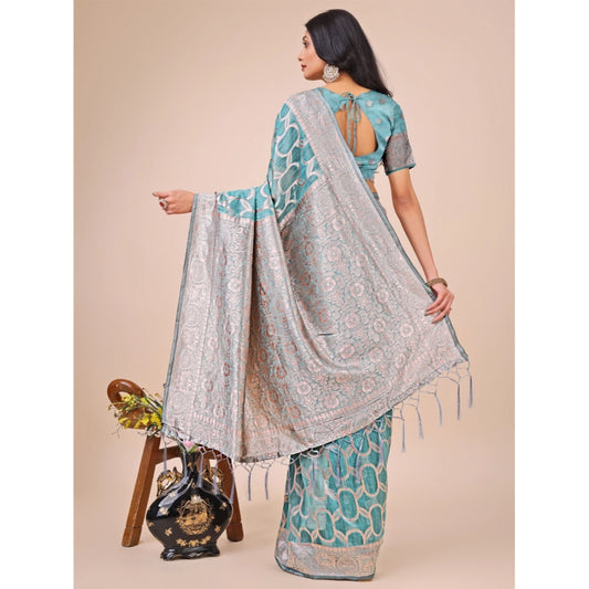 Generic Women's Linen Cotton Printed Saree With Unstitched Blouse 5.5Mtr (Teal)