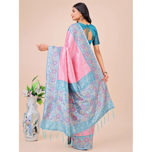 Generic Women's Lichi Silk Printed Saree With Unstitched Blouse 5.5Mtr (Pink)