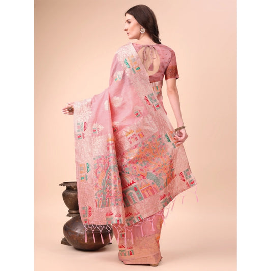Generic Women's Linen Cotton Printed Saree With Unstitched Blouse 5.5Mtr (Pink)