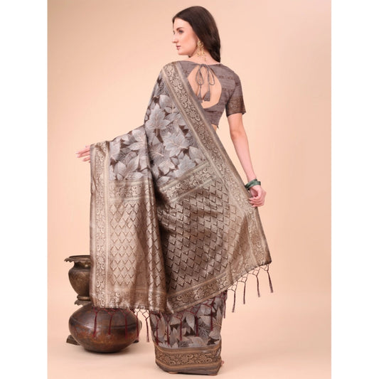 Generic Women's Cotton Printed Saree With Unstitched Blouse 5.5Mtr (Brown)