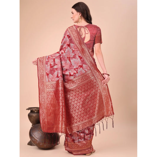 Generic Women's Cotton Printed Saree With Unstitched Blouse 5.5Mtr (Red)