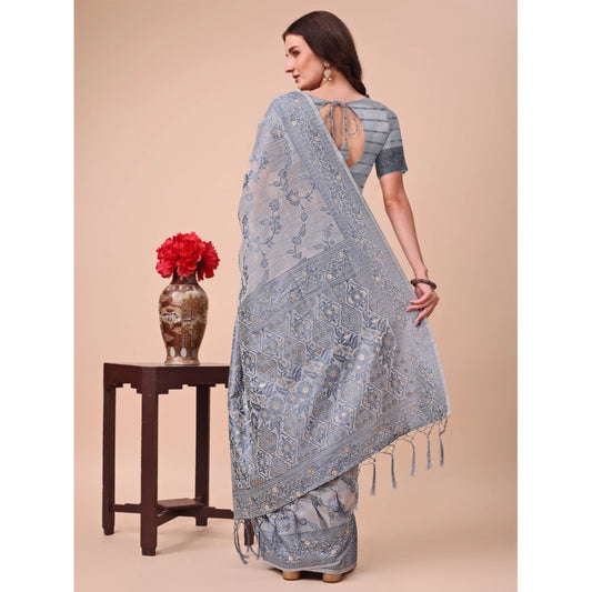 Generic Women's Cotton Printed Saree With Unstitched Blouse 5.5Mtr (Grey)