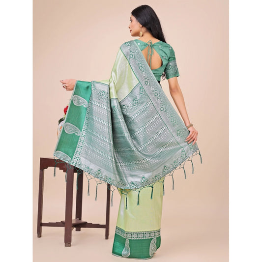 Generic Women's Lichi Silk Printed Saree With Unstitched Blouse 5.5Mtr (Light Green)