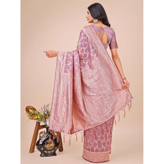 Generic Women's Linen Cotton Printed Saree With Unstitched Blouse 5.5Mtr (Purple)