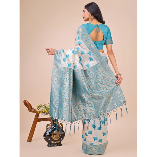 Generic Women's Linen Cotton Printed Saree With Unstitched Blouse 5.5Mtr (Teal)