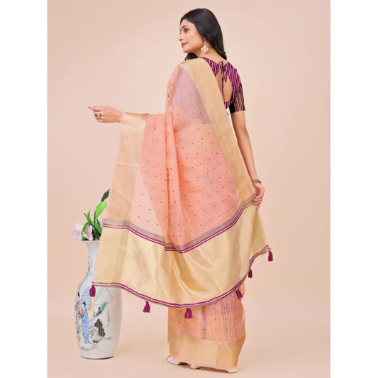 Generic Women's Organza Printed Saree With Unstitched Blouse 5.5Mtr (Light Pink)