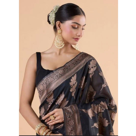 Generic Women's Silk Printed Saree With Unstitched Blouse 5.5Mtr (Black)