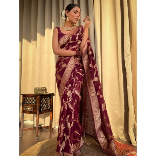 Generic Women's Silk Printed Saree With Unstitched Blouse 5.5Mtr (Maroon)