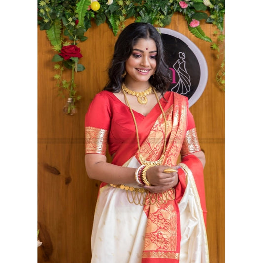 Generic Women's Silk Printed Saree With Unstitched Blouse 5.5Mtr (White-Red)