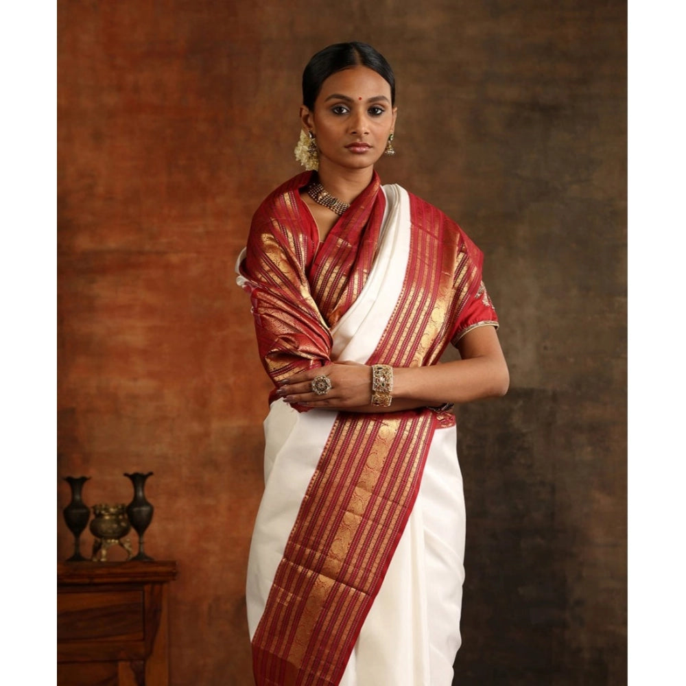 Generic Women's Silk Printed Saree With Unstitched Blouse 5.5Mtr (White-Maroon)