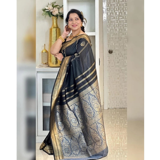 Generic Women's Silk Printed Saree With Unstitched Blouse 5.5Mtr (Black)