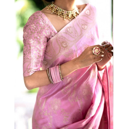 Generic Women's Silk Printed Saree With Unstitched Blouse 5.5Mtr (Pink)