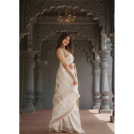 Generic Women's Cotton Printed Saree With Unstitched Blouse 5.5Mtr (Cream)