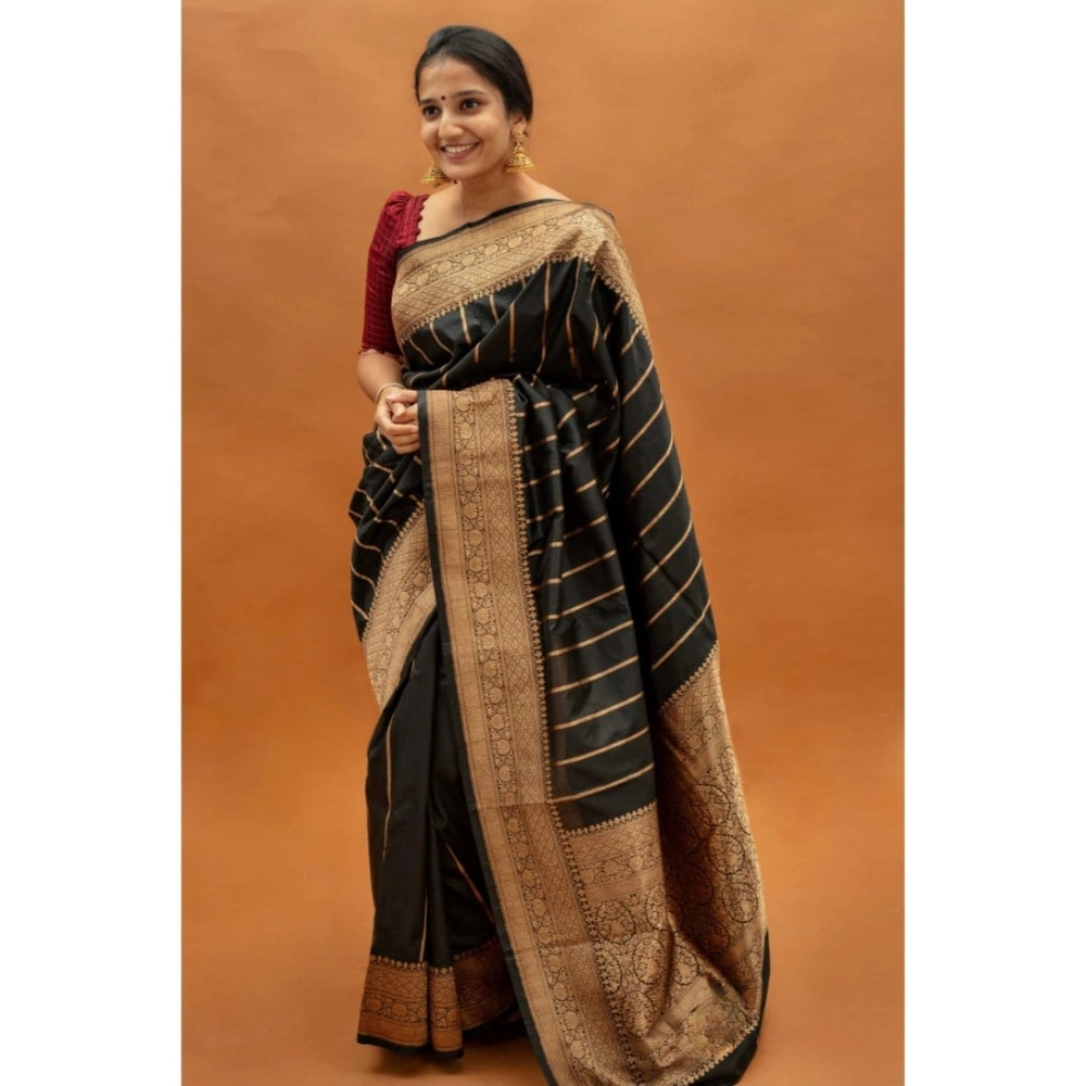 Generic Women's Silk Printed Saree With Unstitched Blouse 5.5Mtr (Black)