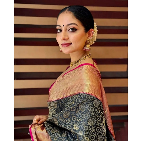 Generic Women's Silk Printed Saree With Unstitched Blouse 5.5Mtr (Green)