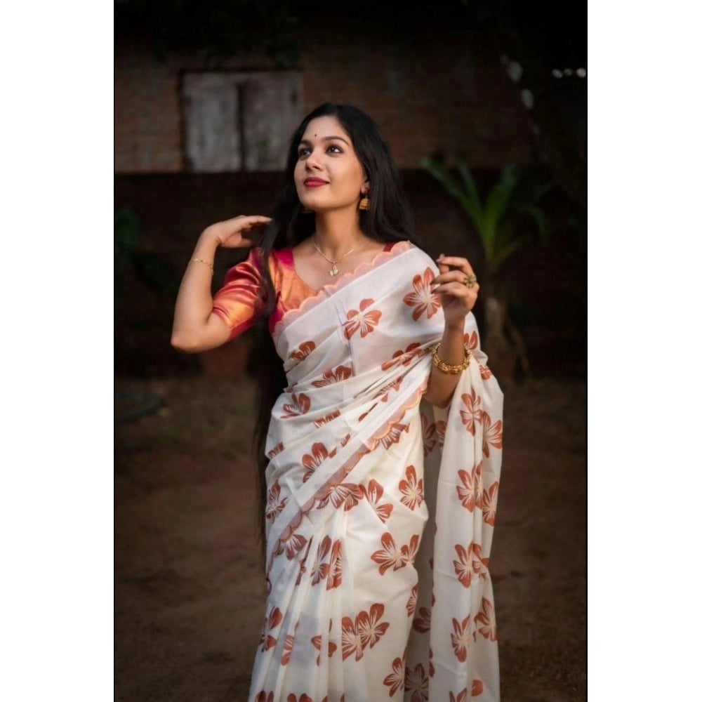 Generic Women's Silk Printed Saree With Unstitched Blouse 5.5Mtr (White-Orange)