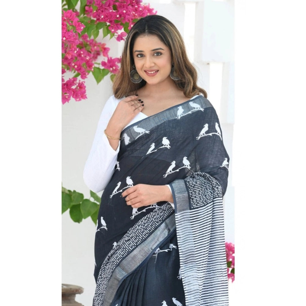 Generic Women's Silk Printed Saree With Unstitched Blouse 5.5Mtr (Black)