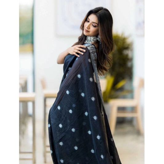 Generic Women's Cotton Printed Saree With Unstitched Blouse 5.5Mtr (Black)