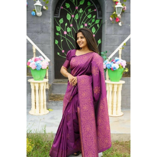 Generic Women's Silk Printed Saree With Unstitched Blouse 5.5Mtr (Purple)