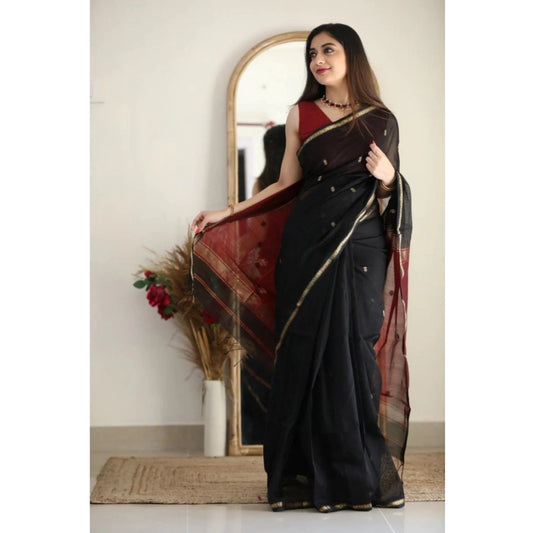 Generic Women's Cotton Printed Saree With Unstitched Blouse 5.5Mtr (Black)