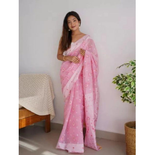 Generic Women's Cotton Printed Saree With Unstitched Blouse 5.5Mtr (Pink)