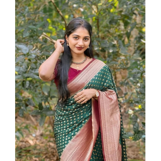 Generic Women's Silk Printed Saree With Unstitched Blouse 5.5Mtr (Green-Red)