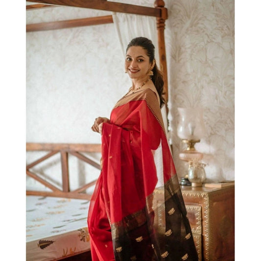 Generic Women's Cotton Printed Saree With Unstitched Blouse 5.5Mtr (Red)