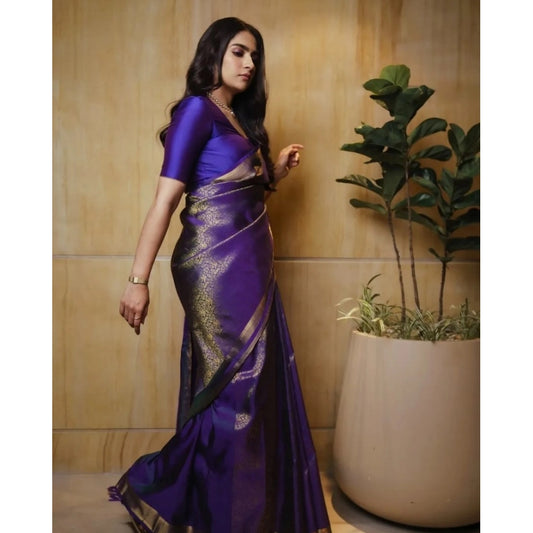 Generic Women's Silk Printed Saree With Unstitched Blouse 5.5Mtr (Purple)